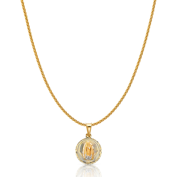 14K Gold Diamond Cut Guadalupe Stamp Charm Pendant with 1.1mm Wheat Chain Necklace