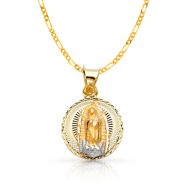 14K Gold Guadalupe Stamp Pendant with 2mm Figaro 3+1 Chain