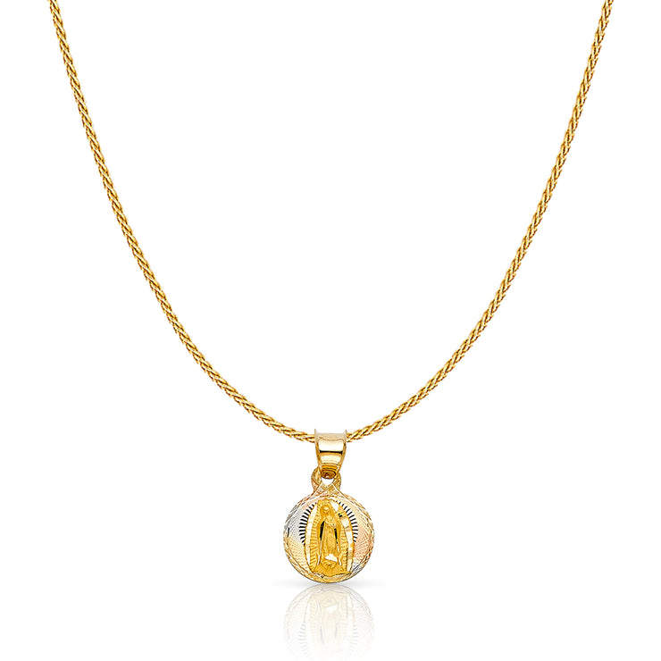 14K Gold Diamond Cut Guadalupe Stamp Charm Pendant with 0.9mm Wheat Chain Necklace