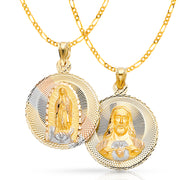 14K Gold Double Side Stamp Virgin Mary & Jesus Pendant with 3.1mm Figaro 3+1 Chain