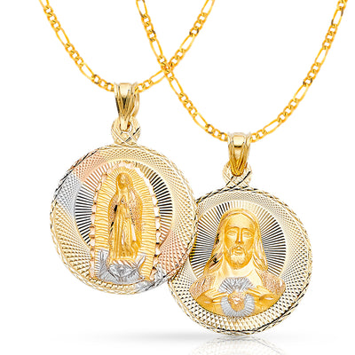 14K Gold Double Side Stamp Virgin Mary & Jesus Pendant with 3.1mm Figaro 3+1 Chain