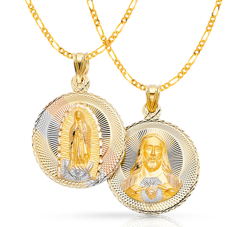 14K Gold Double Side Stamp Virgin Mary & Jesus Pendant with 3.1mm Figaro 3+1 Chain