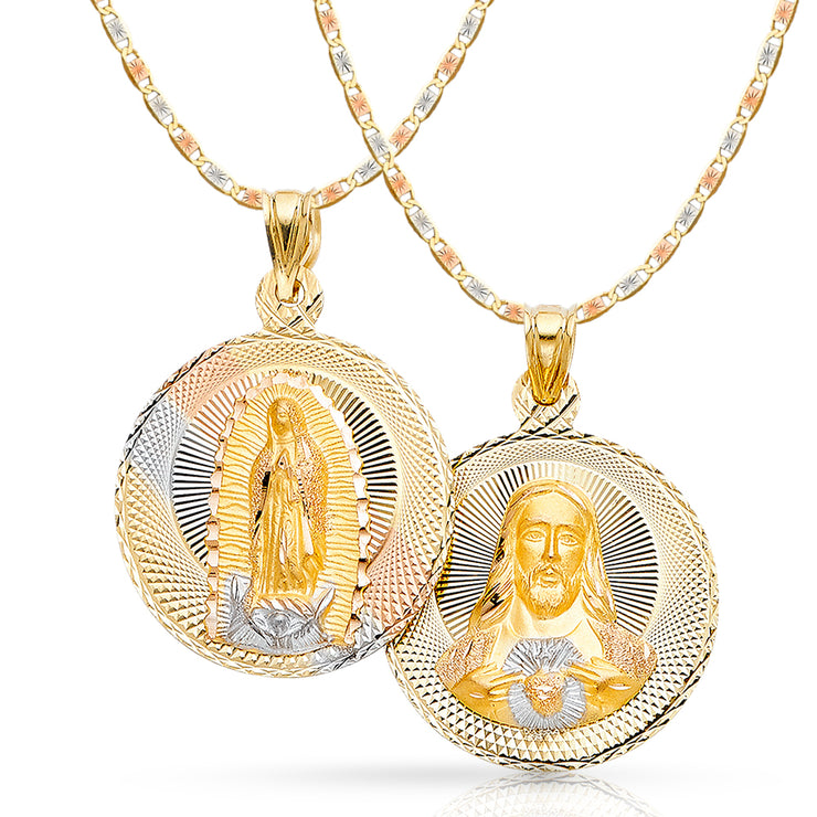 14K Gold Double Side Stamp Virgin Mary & Jesus Pendant with 3.3mm Valentino Star Chain