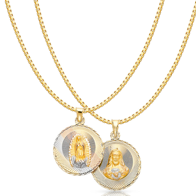 14K Gold Diamond Cut Double Side Stamp Virgin Mary & Jesus Religious Charm Pendant with 1.2mm Box Chain Necklace