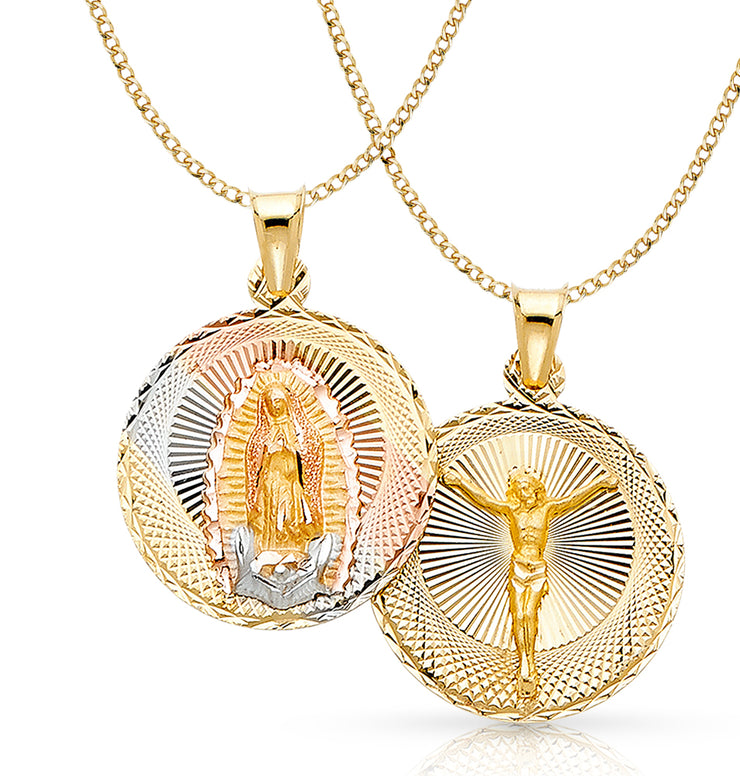 14K Gold Double Side Stamp Virgin Mary & Jesus Pendant with 3.4mm Hollow Cuban Chain