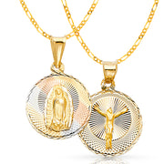 14K Gold Double Side Stamp Virgin Mary & Jesus Pendant with 2.3mm Figaro 3+1 Chain