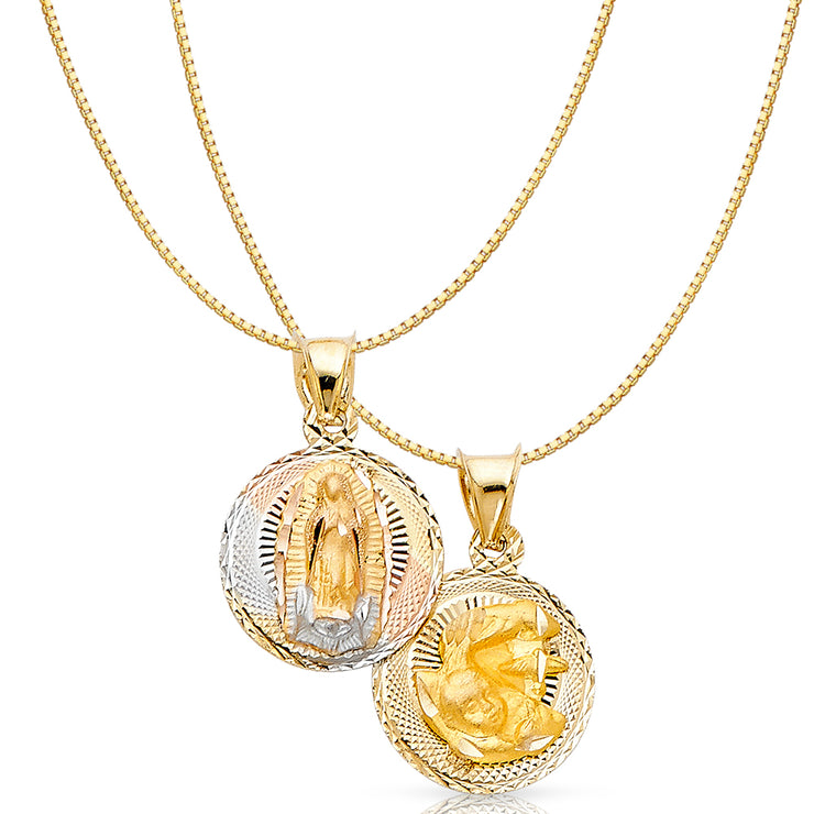 14K Gold Diamond Cut Double Side Stamp Virgin Mary Baptism Religious Charm Pendant with 0.8mm Box Chain Necklace