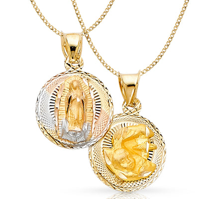 14K Gold Double Side Stamp Virgin Mary Baptism Pendant with 2mm Hollow Cuban Bevel Chain