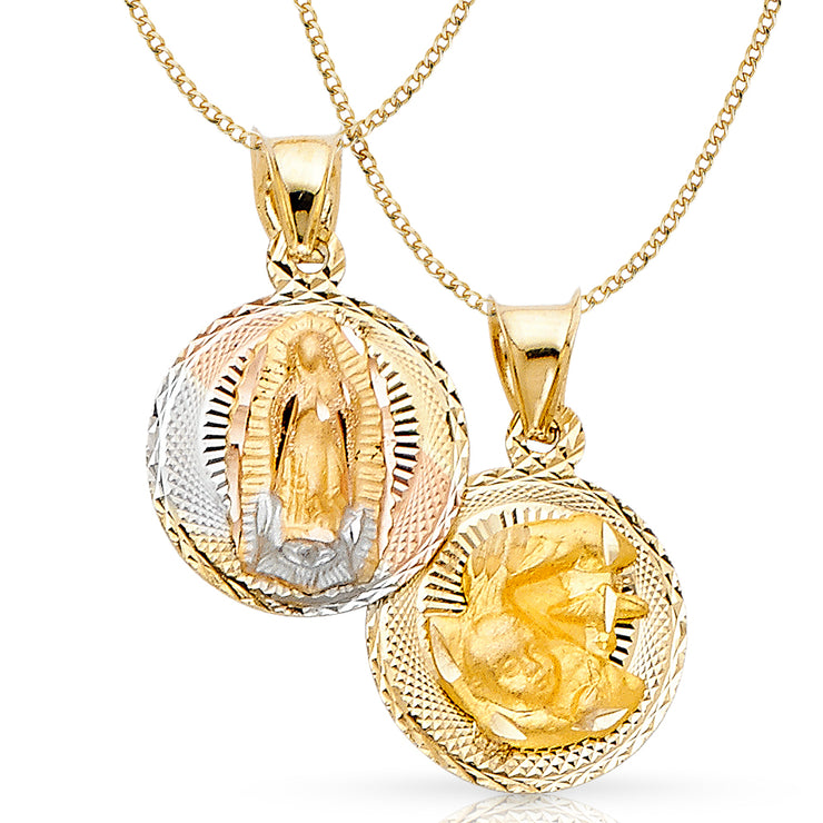 14K Gold Double Side Stamp Virgin Mary Baptism Pendant with 2mm Hollow Cuban Bevel Chain