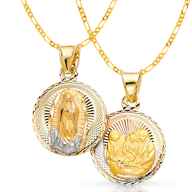 14K Gold Double Side Stamp Virgin Mary Baptism Pendant with 2mm Figaro 3+1 Chain