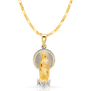 14K Gold Guadalupe Stamp Pendant with 2mm Figaro 3+1 Chain