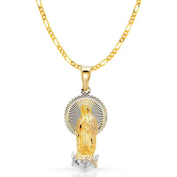 14K Gold Guadalupe Stamp Pendant with 2mm Figaro 3+1 Chain