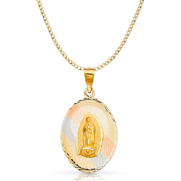 14K Gold Guadalupe Stamp Pendant with 3.4mm Hollow Cuban Chain