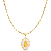 14K Gold Diamond Cut Guadalupe Stamp Religious Charm Pendant with 1.2mm Box Chain Necklace