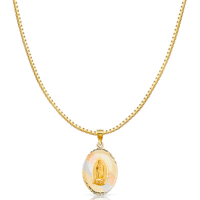 14K Gold Diamond Cut Guadalupe Stamp Religious Charm Pendant with 1.2mm Box Chain Necklace