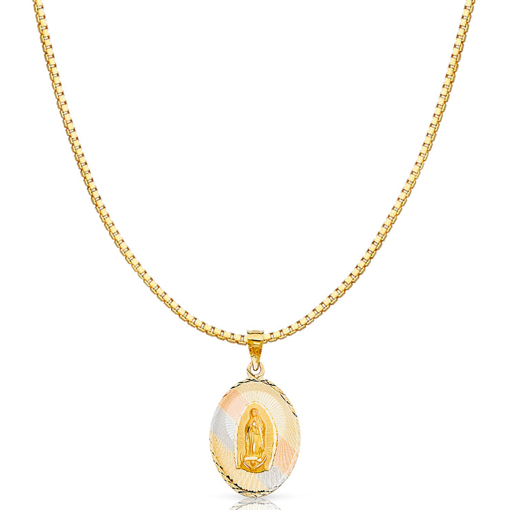 14K Gold Diamond Cut Guadalupe Stamp Religious Charm Pendant with 1.2mm Box Chain Necklace