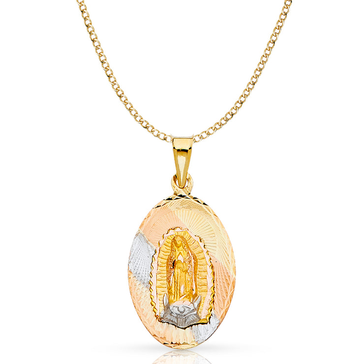 14K Gold Guadalupe Stamp Pendant with 3.4mm Hollow Cuban Chain