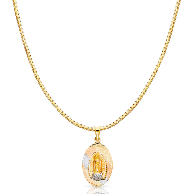 14K Gold Diamond Cut Guadalupe Stamp Religious Charm Pendant with 1.2mm Box Chain Necklace