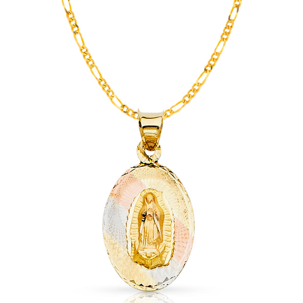 14K Gold Guadalupe Stamp Pendant with 2mm Figaro 3+1 Chain