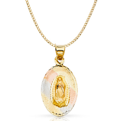 14K Gold Guadalupe Stamp Pendant with 2.3mm Hollow Cuban Chain