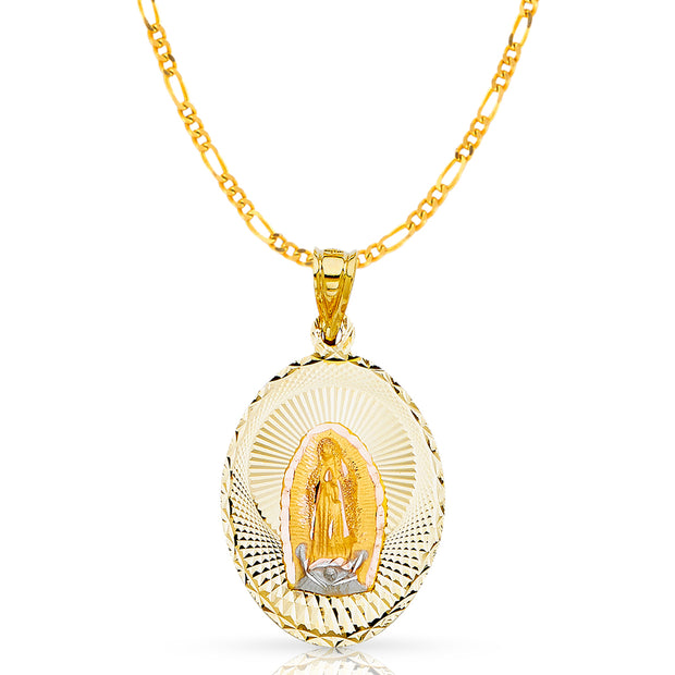 14K Gold Guadalupe Stamp Pendant with 2.3mm Figaro 3+1 Chain