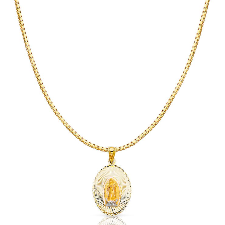 14K Gold Diamond Cut Guadalupe Stamp Religious Charm Pendant with 1.2mm Box Chain Necklace