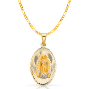 14K Gold Guadalupe Stamp Pendant with 2.3mm Figaro 3+1 Chain