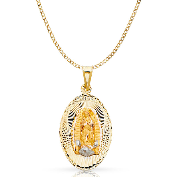 14K Gold Guadalupe Stamp Pendant with 3.4mm Hollow Cuban Chain