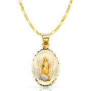 14K Gold Guadalupe Stamp Pendant with 2mm Figaro 3+1 Chain