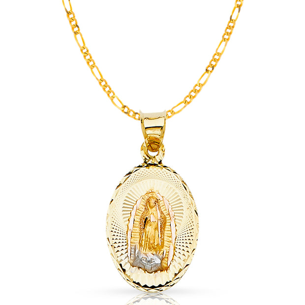 14K Gold Guadalupe Stamp Pendant with 2mm Figaro 3+1 Chain