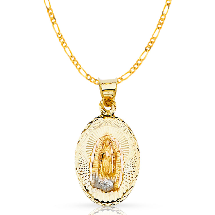 14K Gold Guadalupe Stamp Pendant with 2mm Figaro 3+1 Chain