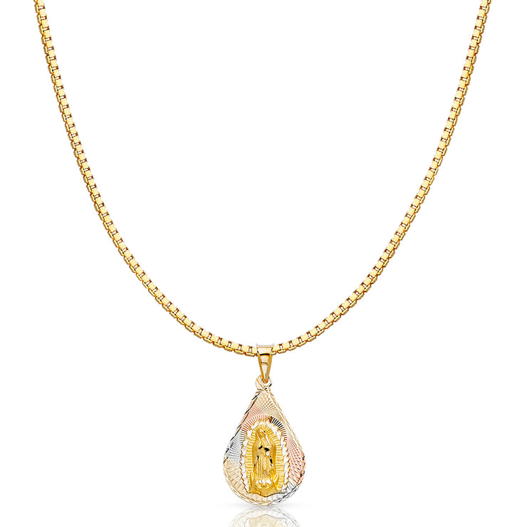 14K Gold Diamond Cut Guadalupe Stamp Religious Charm Pendant with 1.2mm Box Chain Necklace