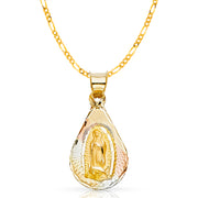 14K Gold Guadalupe Stamp Pendant with 2mm Figaro 3+1 Chain