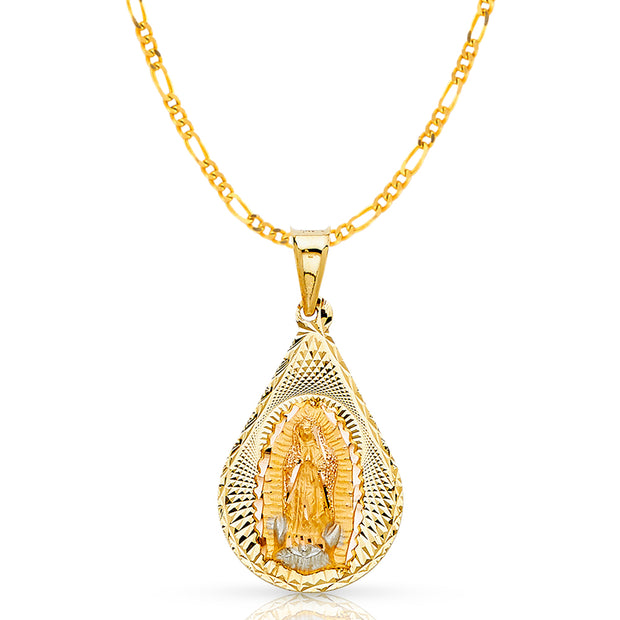 14K Gold Guadalupe Stamp Pendant with 2.3mm Figaro 3+1 Chain