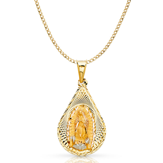 14K Gold Guadalupe Stamp Pendant with 3.4mm Hollow Cuban Chain