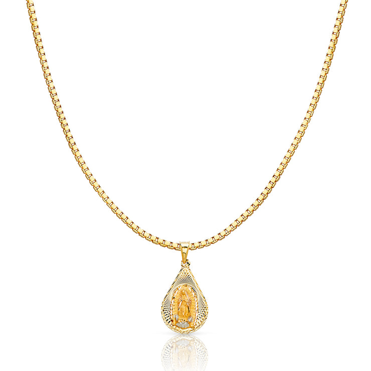 14K Gold Diamond Cut Guadalupe Stamp Religious Charm Pendant with 1.2mm Box Chain Necklace