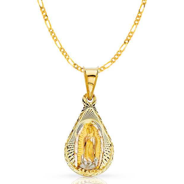 14K Gold Guadalupe Stamp Pendant with 2mm Figaro 3+1 Chain