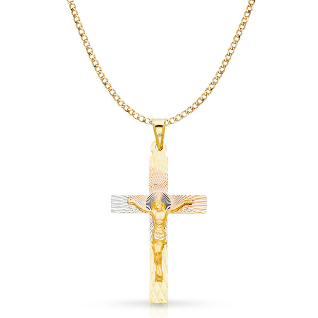 14K Gold Crucifix Jesus Cross Stamp Pendant with 2.3mm Hollow Cuban Chain