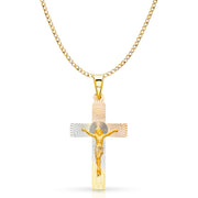 14K Gold Crucifix Jesus Cross Stamp Pendant with 2.3mm Hollow Cuban Chain