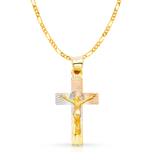 14K Gold Crucifix Jesus Cross Stamp Pendant with 2mm Figaro 3+1 Chain