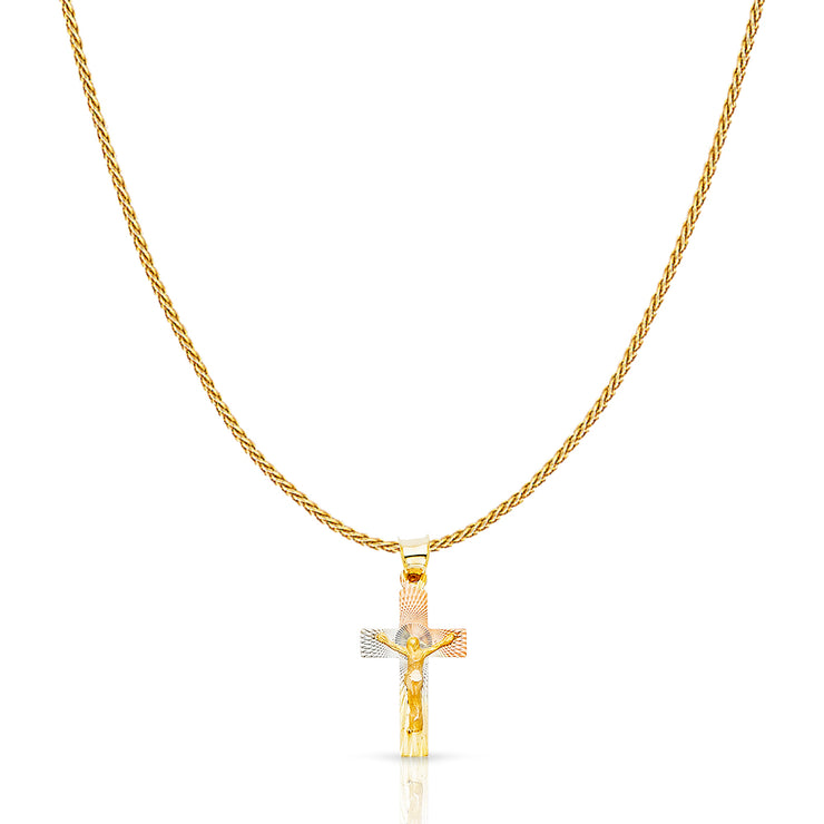 14K Gold Diamond Cut Crucifix Jesus Cross Stamp Charm Pendant with 0.9mm Wheat Chain Necklace