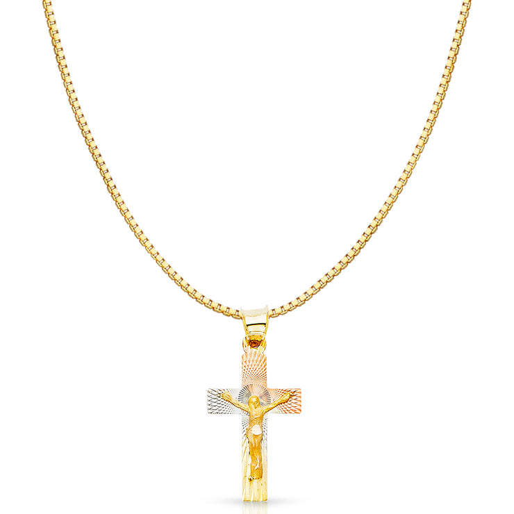 14K Gold Diamond Cut Crucifix Jesus Cross Stamp Religious Charm Pendant with 0.8mm Box Chain Necklace