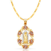 14K Gold Guadalupe Pendant with 2.3mm Figaro 3+1 Chain