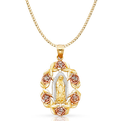 14K Gold Guadalupe Pendant with 3.4mm Hollow Cuban Chain