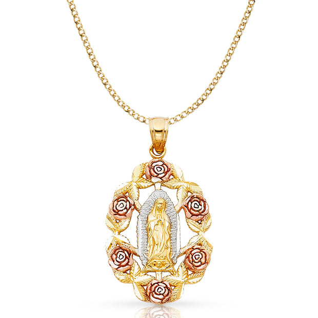 14K Gold Guadalupe Pendant with 3.4mm Hollow Cuban Chain