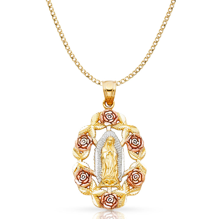 14K Gold Guadalupe Pendant with 3.4mm Hollow Cuban Chain