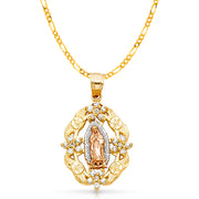 14K Gold Guadalupe CZ Pendant with 2.3mm Figaro 3+1 Chain