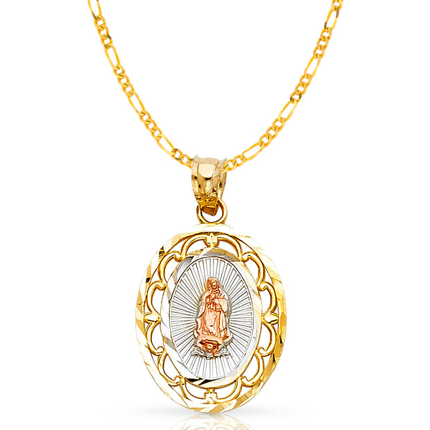 14K Gold Guadalupe Pendant with 2mm Figaro 3+1 Chain