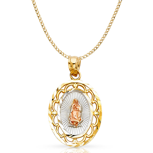 14K Gold Guadalupe Pendant with 2.3mm Hollow Cuban Chain