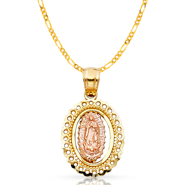 14K Gold Guadalupe Pendant with 2mm Figaro 3+1 Chain